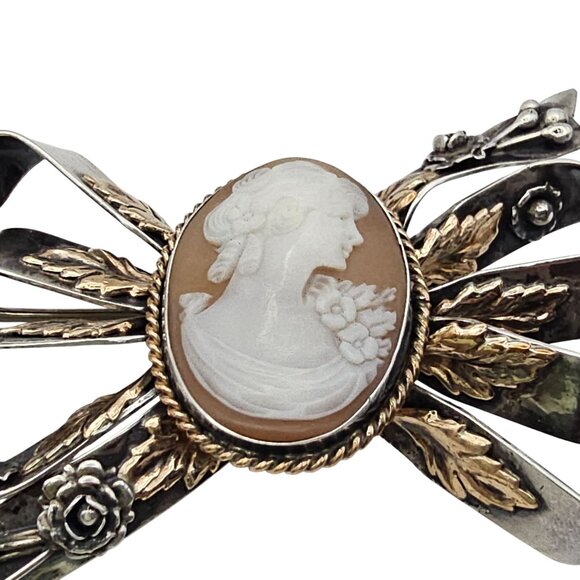 Vintage Hobe? Carved Shell Cameo Ribbon Brooch Sterling Silver 14K GF Tested - Picture 5 of 16